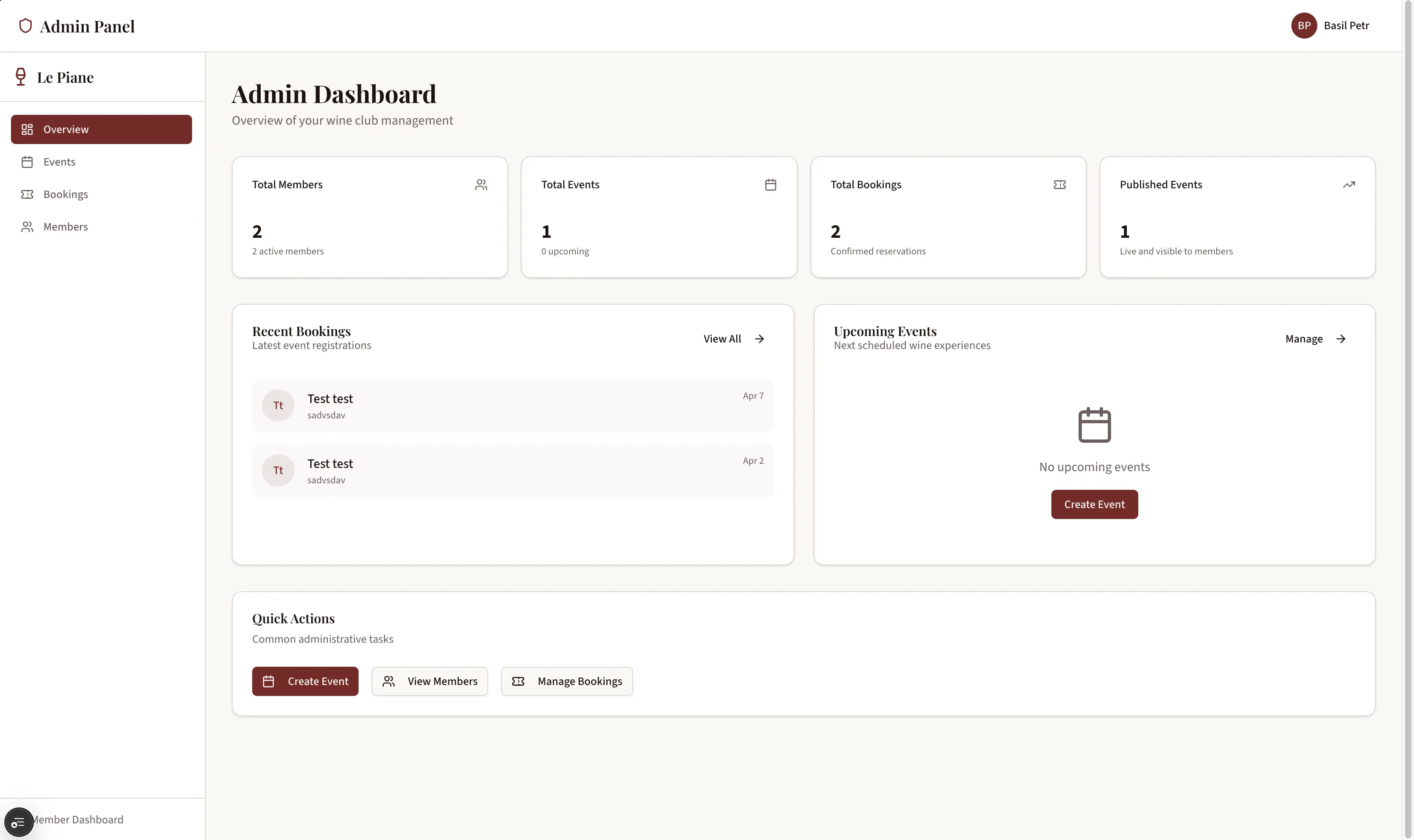 Tavola le Piane – Admin-Dashboard des Mitgliederbereichs, umgesetzt von Nexo Solutions