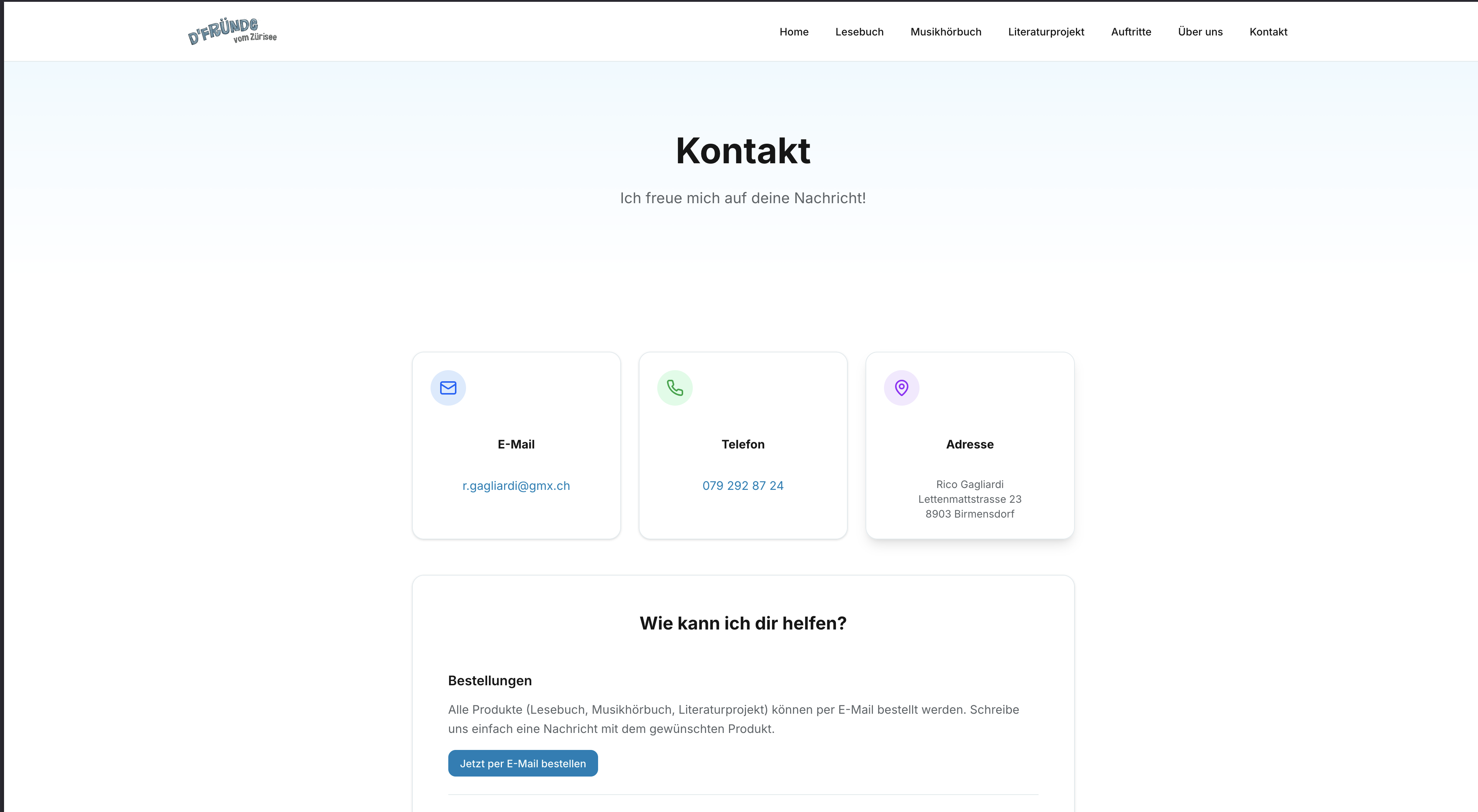 Kontaktseite mit E-Mail, Telefon und Adresse