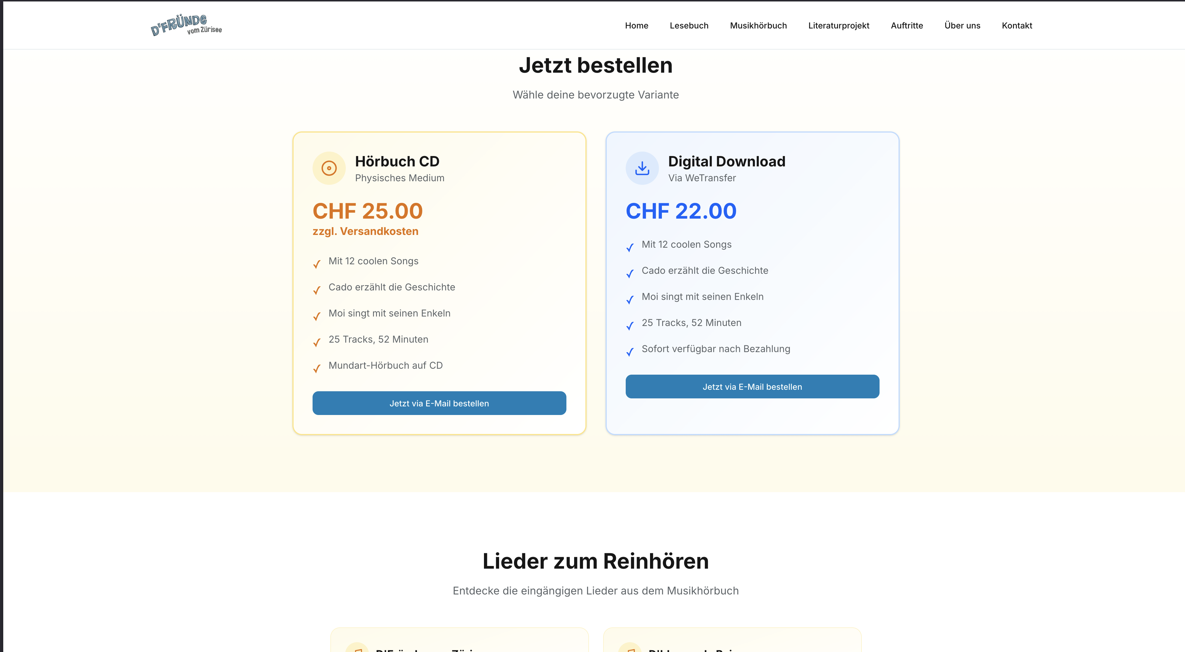 Bestellseite mit Hörbuch CD und Digital Download Optionen