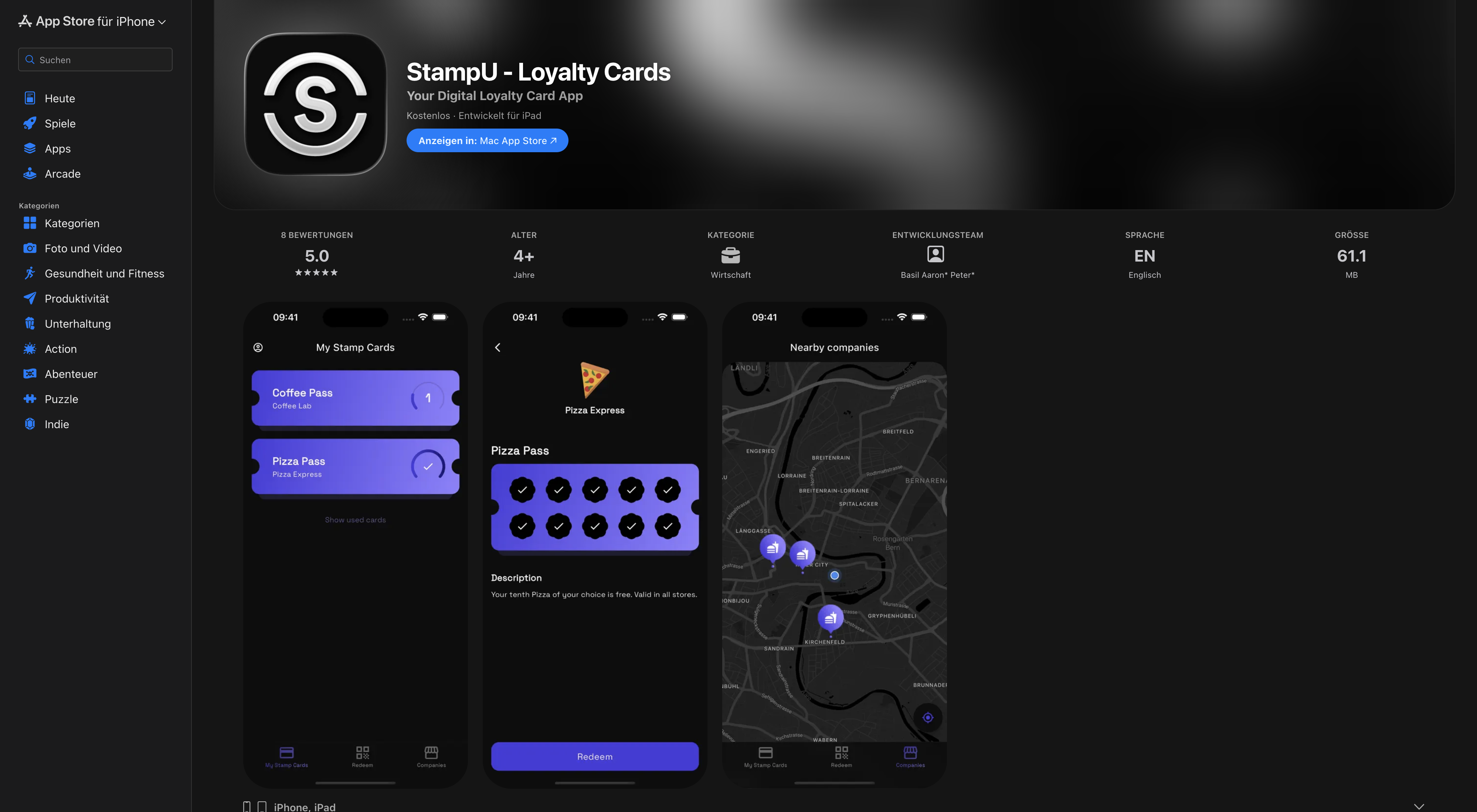 StampU App Store Ansicht mit Mobile-Screenshots